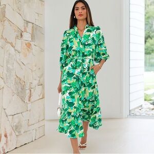 Green Floral Button-Front Midi Dress